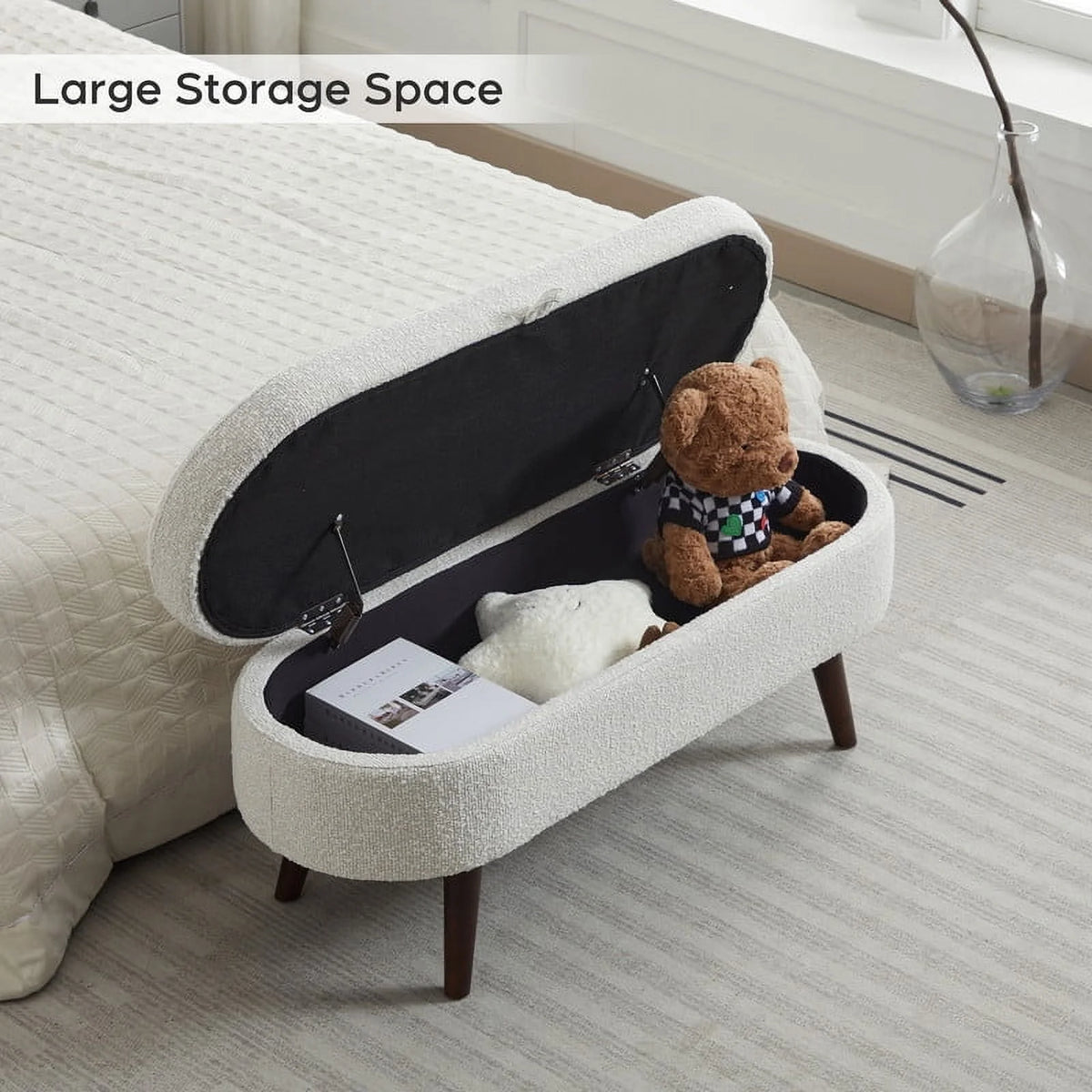 Othniel 44" Beige Boucle Storage Ottoman Bench for Living Room Bedroom Oval Footrest Wood Legs