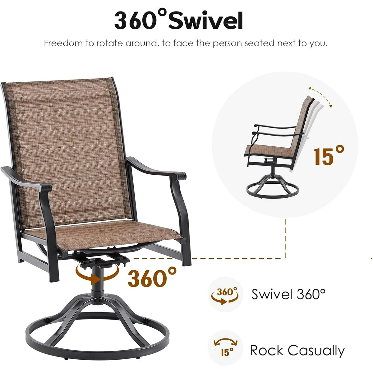 Farini Outdoor Dining Set for 4, 5-Piece Patio Table and Chairs Set, 4 x Swivel Patio Chairs with Textilene Fabric and 35"x35" Outdoor Dining Table with 1.57" Umbrella Hole for Poolside, Backyard