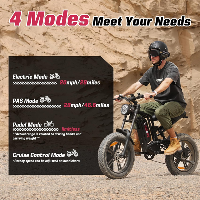 Skerri Electric Bike for Adults, 48V 13Ah/15Ah Battery, Up to 28 MPH & 46.6/60 Miles (PAS), 750/1000W Peak Ebike with All-Terrain 20"/26'' Fat Tires, UL Certified, Moped E-Bike