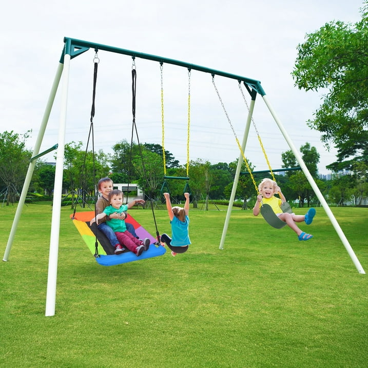 KloKick Heavy Duty Metal Swing Set for Kids Adults, 600lb Capacity, Includes Trapeze Bar, Belt Swing Platform Swing for Outdoor Fun