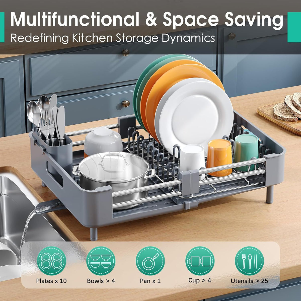Dish Drying Rack for Kitchen Counter, Extendable Dish Rack with Drainboard, Expandable Dish Drainer, Collapsible Dish Strainer with Cutlery Holder, Foldable Home Countertop Plate Storage Rack, Gray