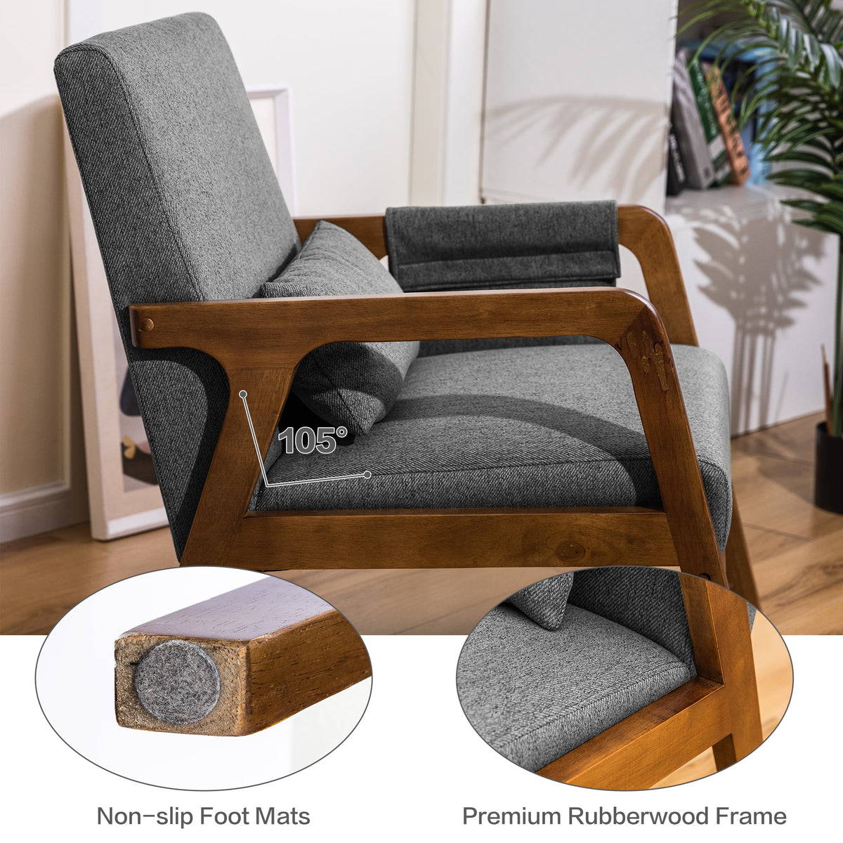 spanspace Accent Chair Mid-Century Modern Chair with Side Pocket, Lounge Armchair with Lumbar Pillow & Solid Wood Frame for Living Room Balcony Bedroom, Grey