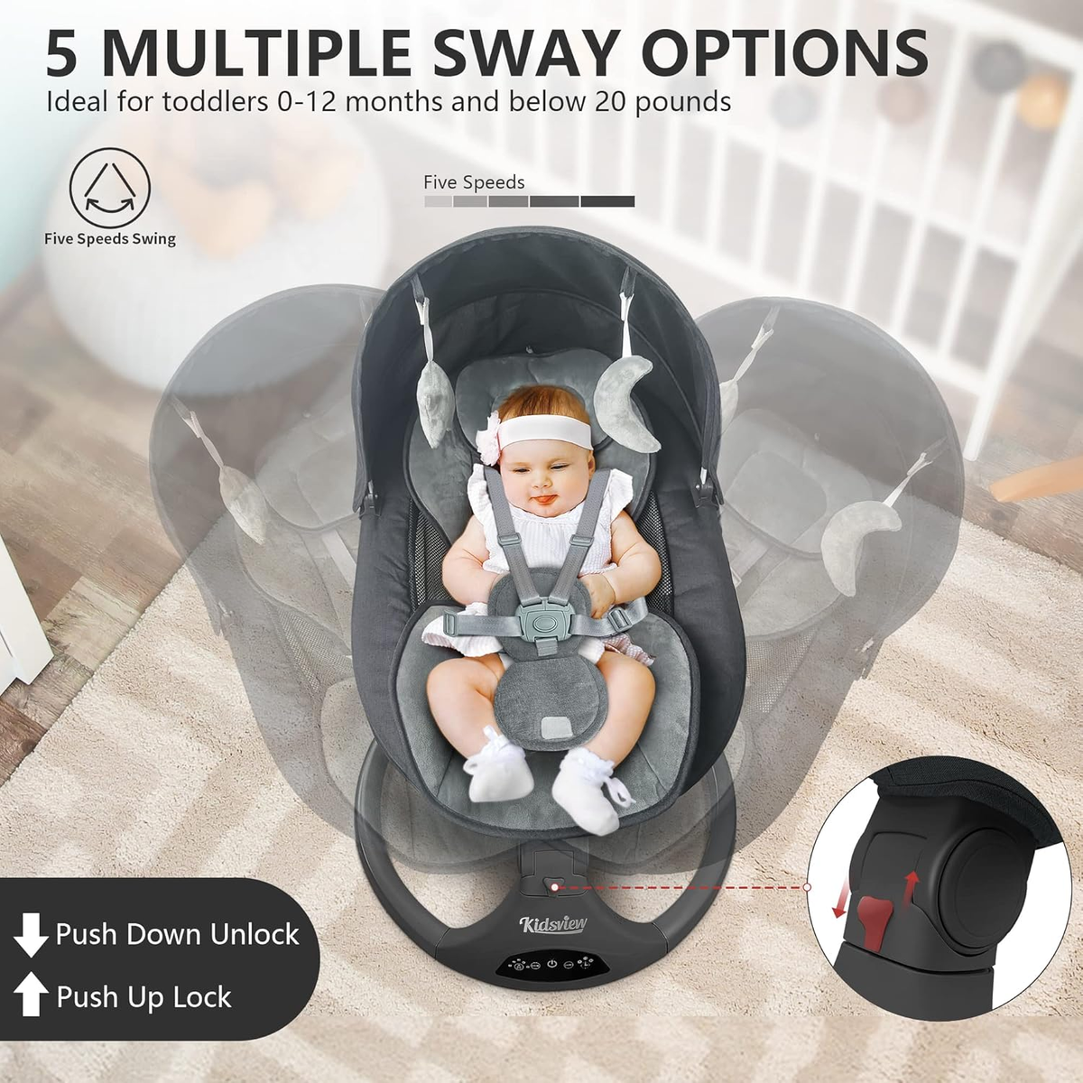 Baby Swing for Infant, Novashion Electric Bluetooth Music Bouncer Rocker with 5 Sway Modes, 3 Timing, Removable Cushion, Black