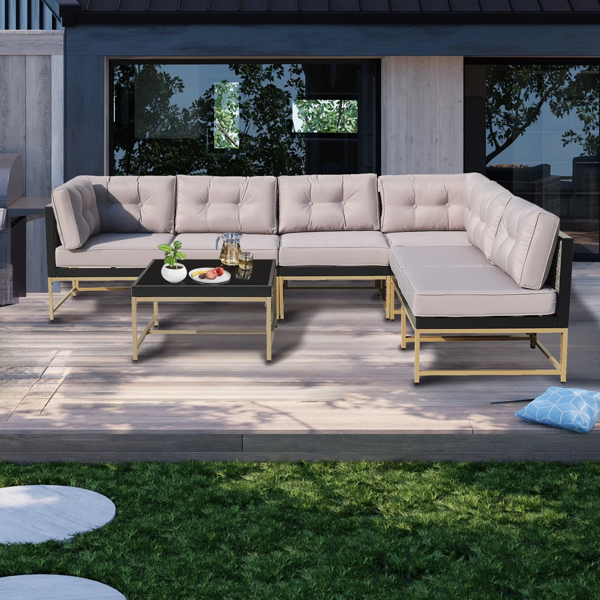 Clearance! 7 Pieces Patio Funiture Set, Outdoor Furniture Sectional Sofa Set,Manual Wicker Rattan Patio Conversation Set Heavy-duty Frame, with Cushions and Table, Gray