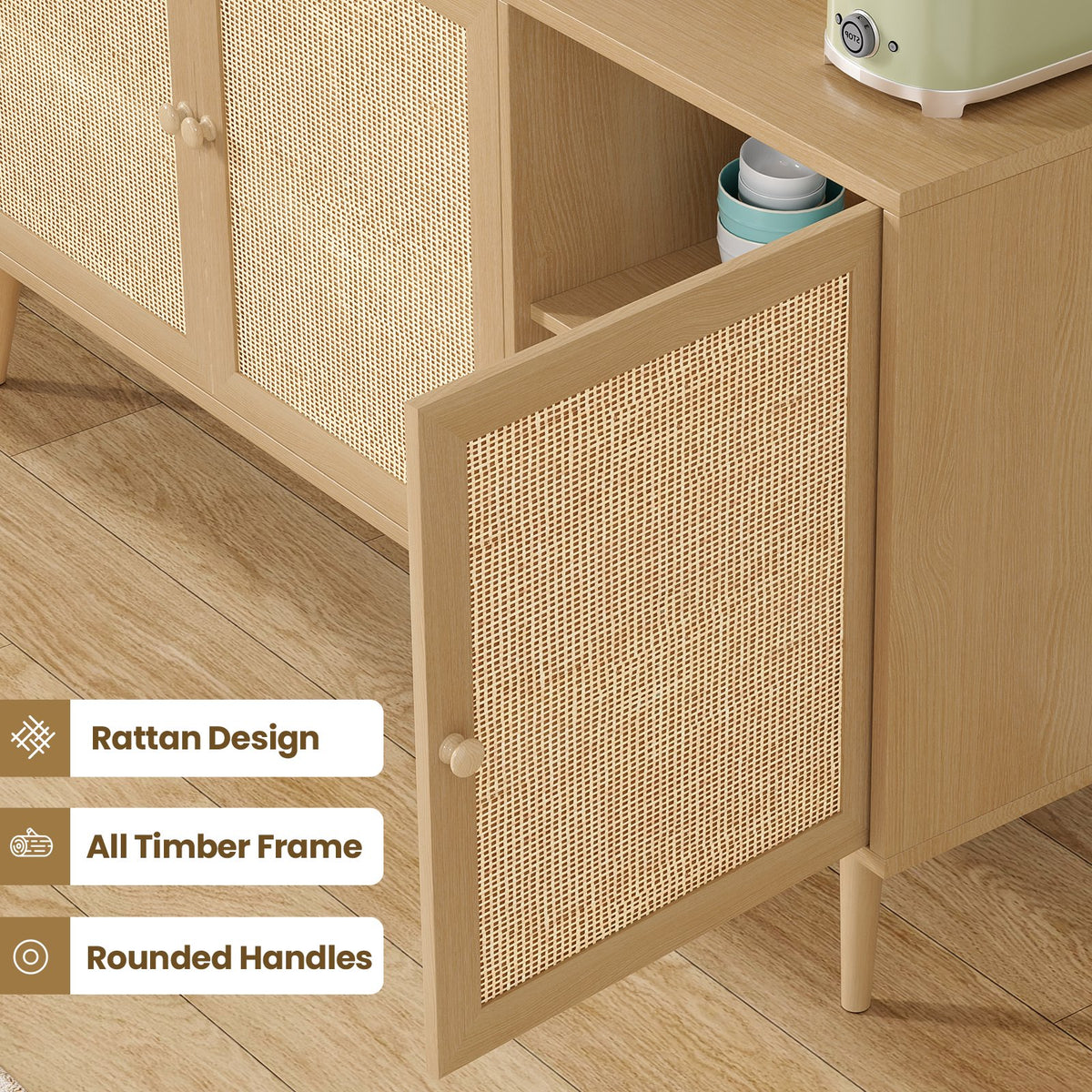 Farini Sideboard Buffet Cabinet with 3 Rattan Doors, Kitchen Storage Cabinet, Modern Console Cabinet ,Bar Cabinet for Entryway Living Room(Nature)