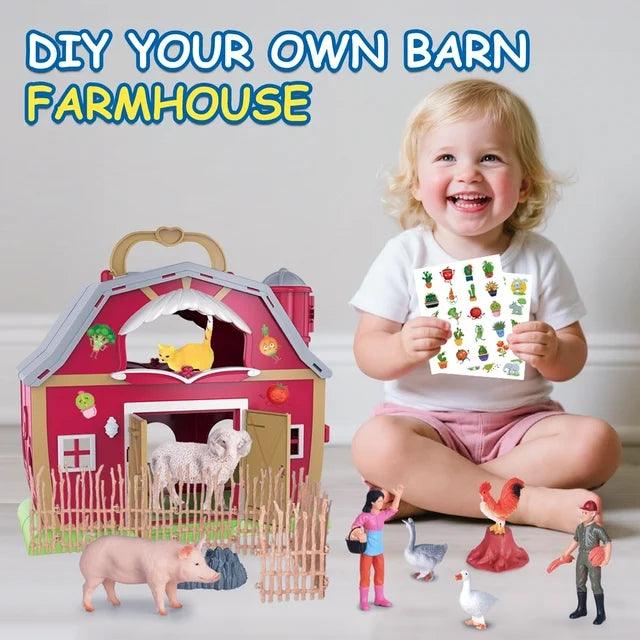 Big Red Barn Farm Playset for Toddlers Take Along Montessori Toys for Kids with Animals Figurines and 2 Stickers