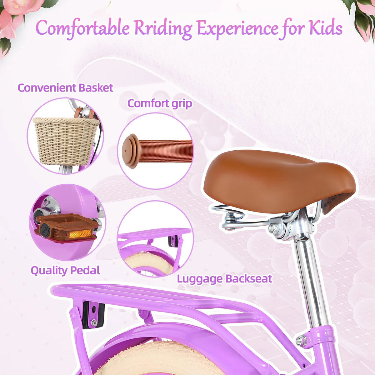 Girls Bike 20inch with Basket and Backseat, Kids Bicycle for 7-10 Years Old, Single Speed, Pink