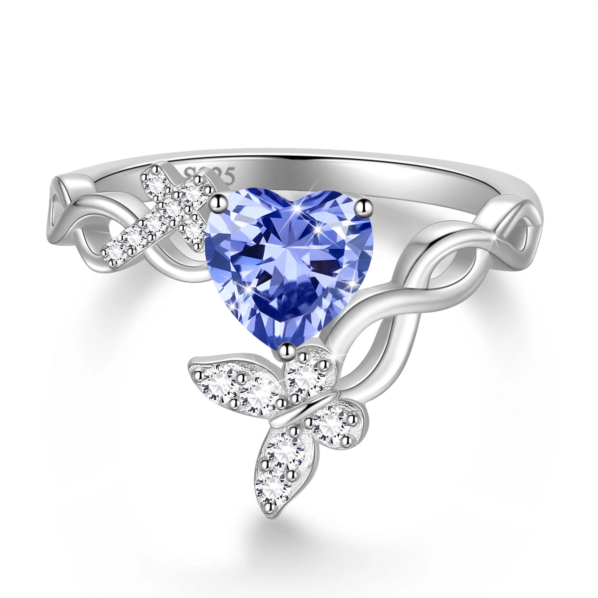 Beautlace Heart Birthstone Halo Ring,Butterfly 925 Sterling Silver Adjustable Birthstone Open Band Rings Birthday Christmas Valentines Jewelry Gifts for Women Mom-December