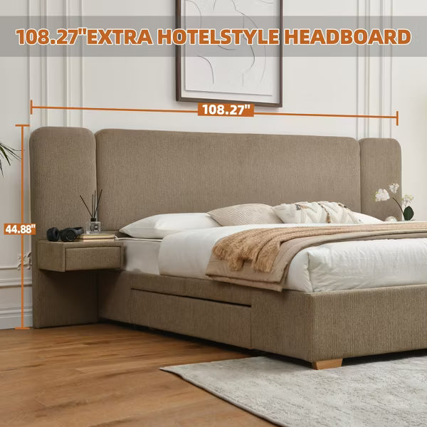 Upholstered Platform Bed with Integrated Nightstands 2 Spacious Storage Drawers,Carbon Steel Frame,No Box Spring Needed,Easy Assembly