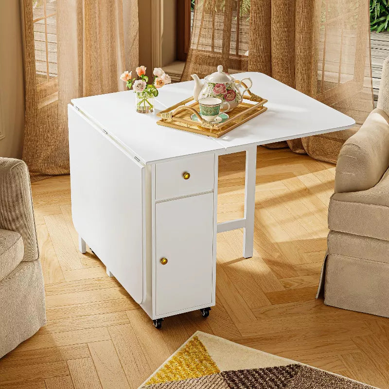 ATJafurn 58.9'' Folding Table No Assembly Required, Rectangular Wooden Extendable Dinning Table With Wheels And Storage