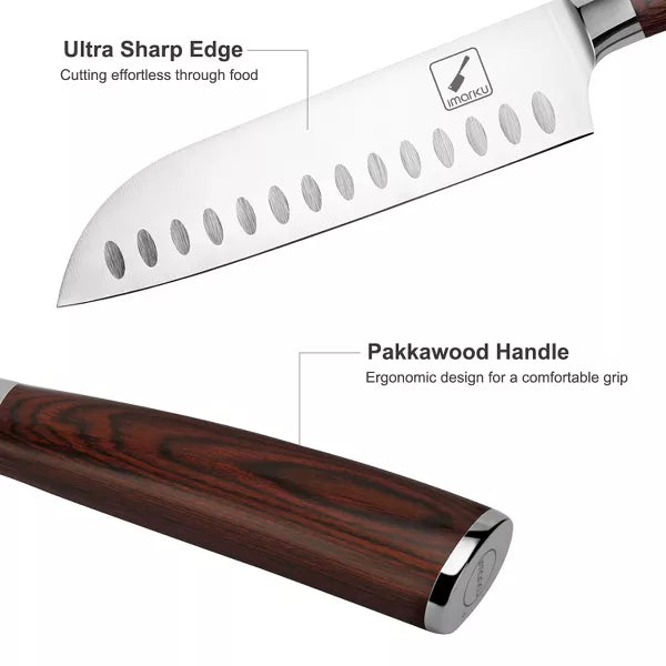 imarku Santoku Knife 7 inch Kitchen Knife Ultra Sharp Asian Knife, German HC Stainless Steel 7Cr17Mov, Ergonomic Pakkawood Handle, Red