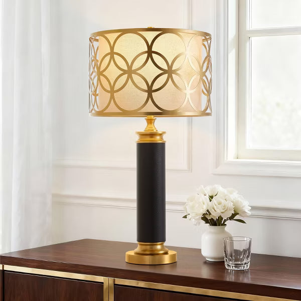 GTCLIGHTING 32.3" Faux Leather Table Lamps for Living Room,Black Gold Modern Nightstand Lamps with Metal hollow lampshade for Bedroom Bedside