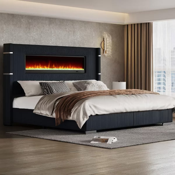 AMERLIFE Modern Bed Frame with Fireplace, Wingback Platform Bed Frame with 60.4“ Extra Tall Headboard, Beige
