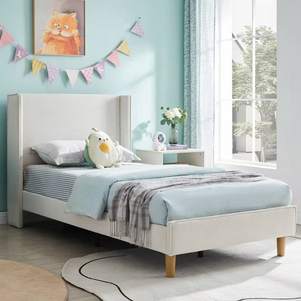 Corduroy Upholstered Twin Platform Bed Frame Modern Wingback Headboard with Underneath Storage, No Box Spring Needed