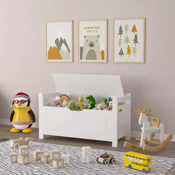Kids Toy Box Chest, White Rubber Wood Toy Box for Boys Girls, Large Storage Cabinet with Flip-Top Lid/Safety Hinge