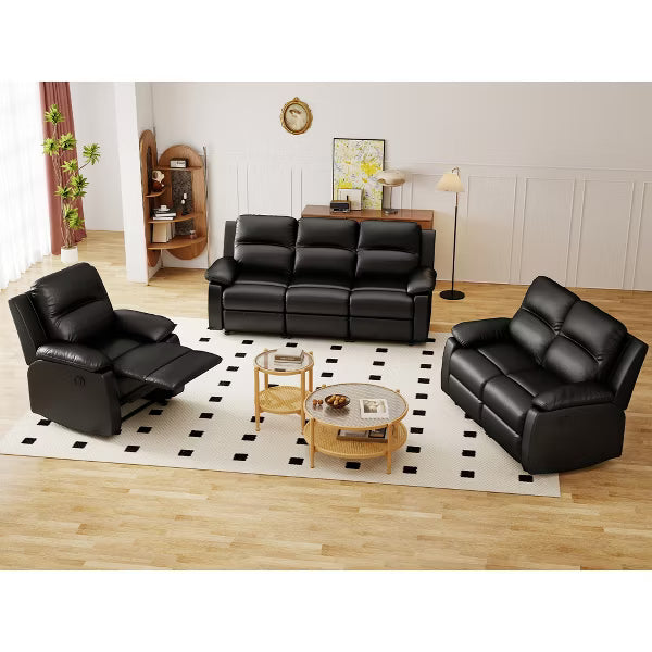 KERDOM 3-Seater Manual Recliner Sofa, PU Leather Reclining Couch, 3-Position Reclining Living Room Sofa,Black
