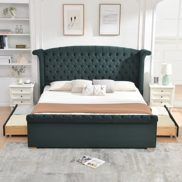 Upholstered Sleigh Bed with 2 Storage Drawers,Elegant Curved Headboard&Footboard,Soft Velvet,No Box Spring Needed,Easy Assembly