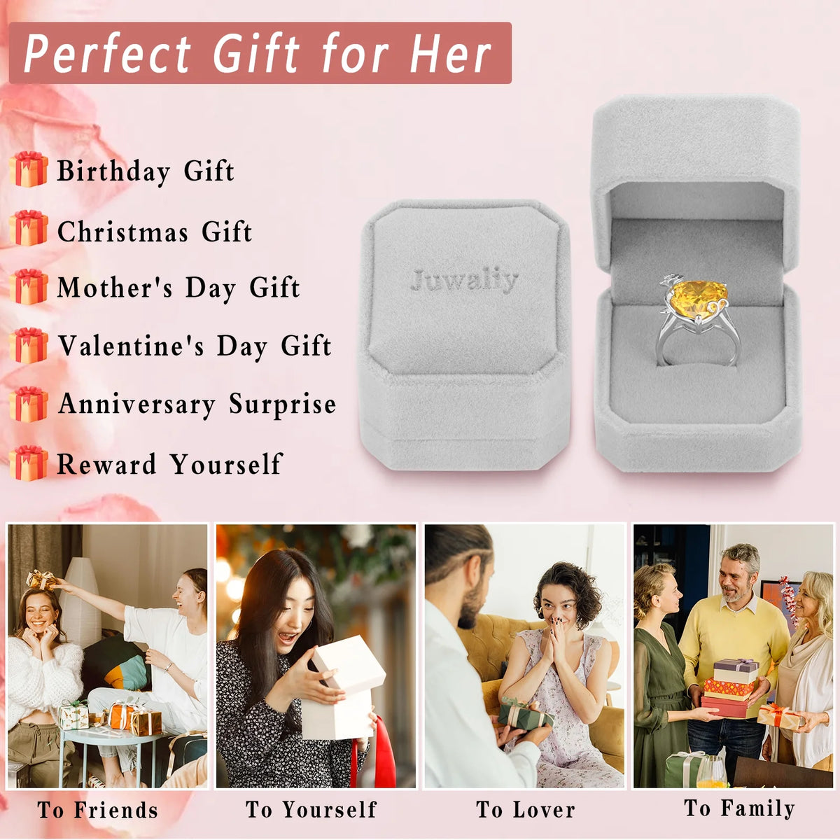 Juwaliy 9Ct Women Heart Ring 925 Sterling Silver Rose Flower October Birthstone Tourmaline Pink Solitaire Ring Jewelry Mother Birthday Valentine's Day Gift