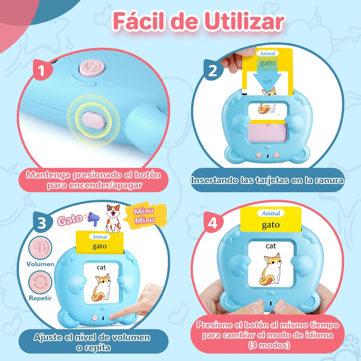 Spanish & English Talking Flash Cards for Toddlers 1 2 3 4 5 6 Toys for Kid-112 Cards 224 Words Blue