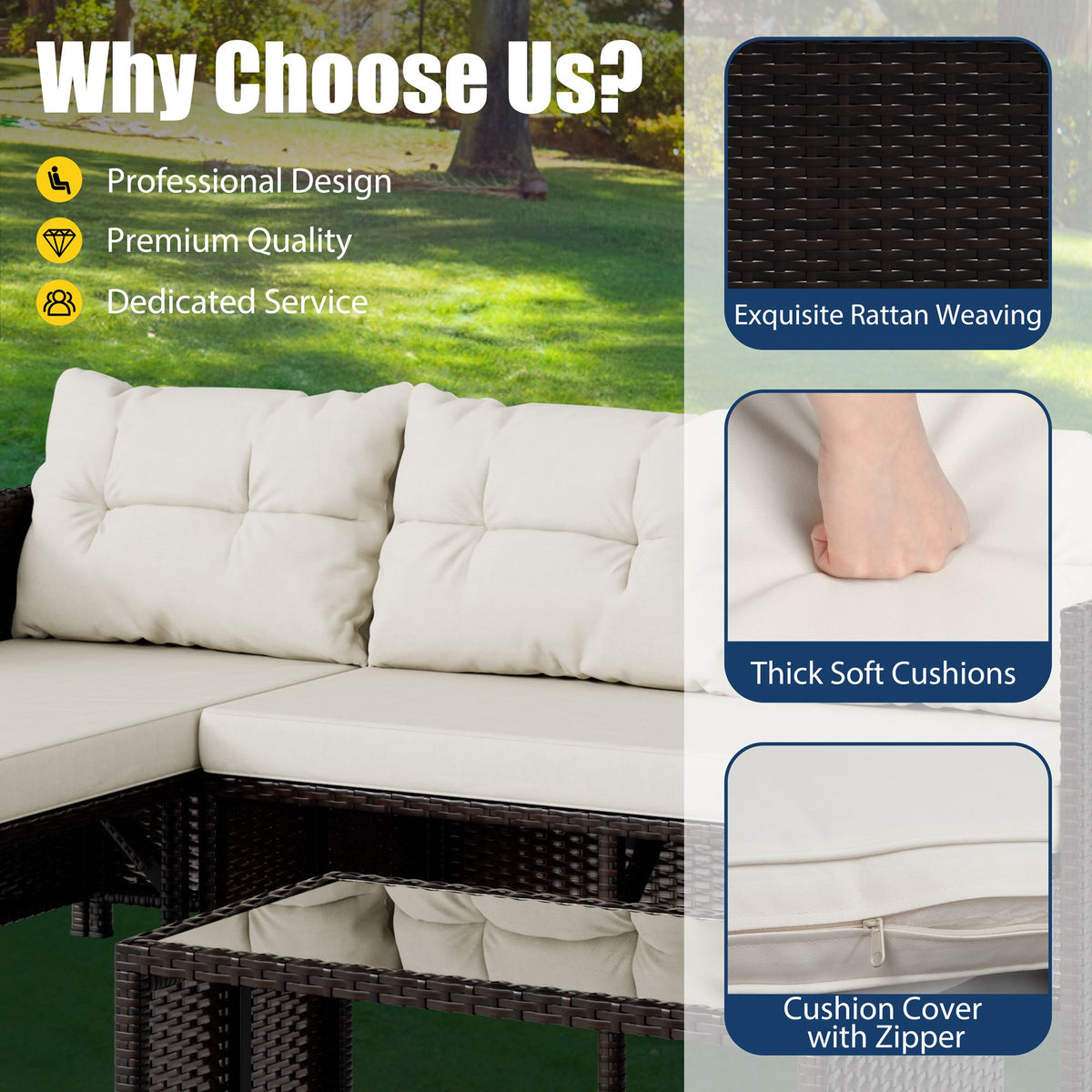 Carpet Wicker Patio Furniture Sets Outdoor Sectional Sofa Couch Patio Conversation Set with Table Cushion Beige