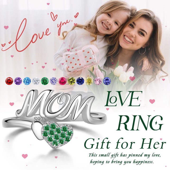 Beautlace Mom Adjustable Ring,925 Sterling Silver Love Heart May Emerald Birthstone Open Rings Mothers'Day Birthday Jewelry Gifts for Her Mom Women Gandma