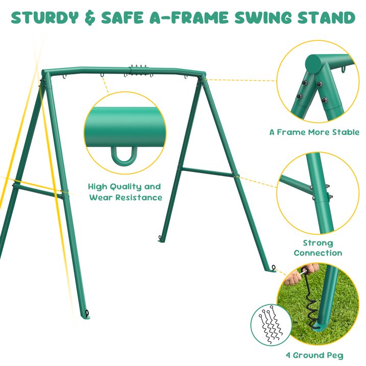 KloKick Heavy Duty A Frame Swing Stand, 440lbs Capacity, Metal Swing Frame with 5 Hanging Hooks, for Kids and Adults, Outdoor Fun(Green)