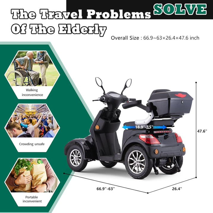 4 Wheel Electric Powered Mobility Scooter Wheelchair for Adults Seniors Pre Assembled in USA, 500lbs Capacity, 25 31 Miles Range, 3 Speed Up to 15 MPH, 800W Motor Power (Black)