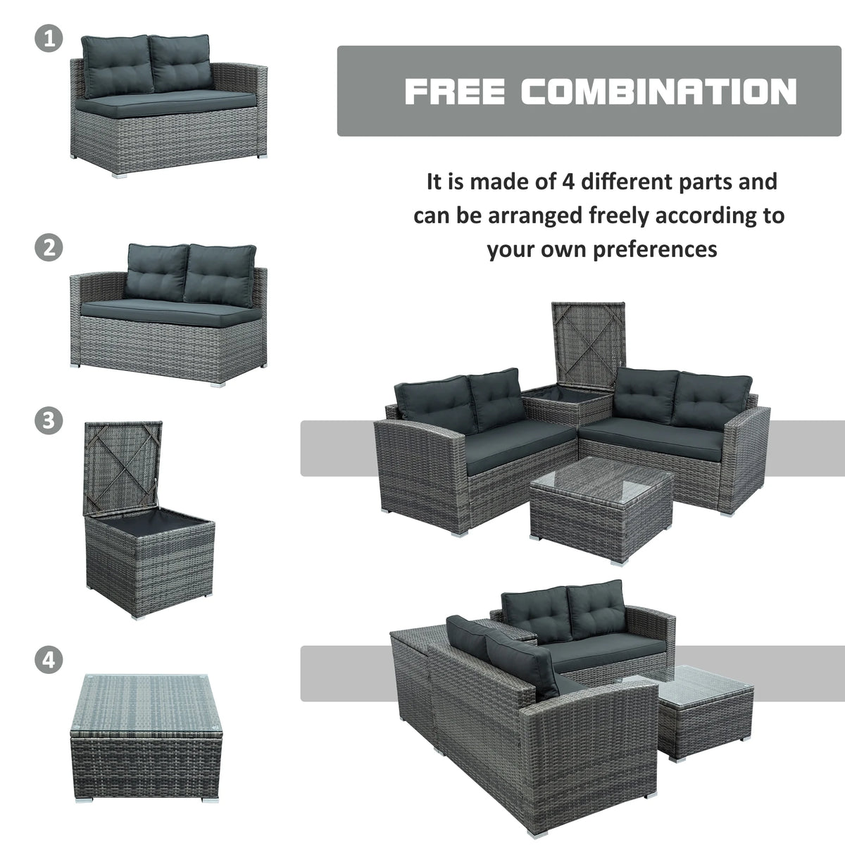 Seizeen 4 Pcs Patio Furniture Sets, Sectional Conversation Sofa Set with Storage Box & Table, Outdoor Wicker Rattan Furniture Set for Backyard Lawn Poolside Deck, Gray