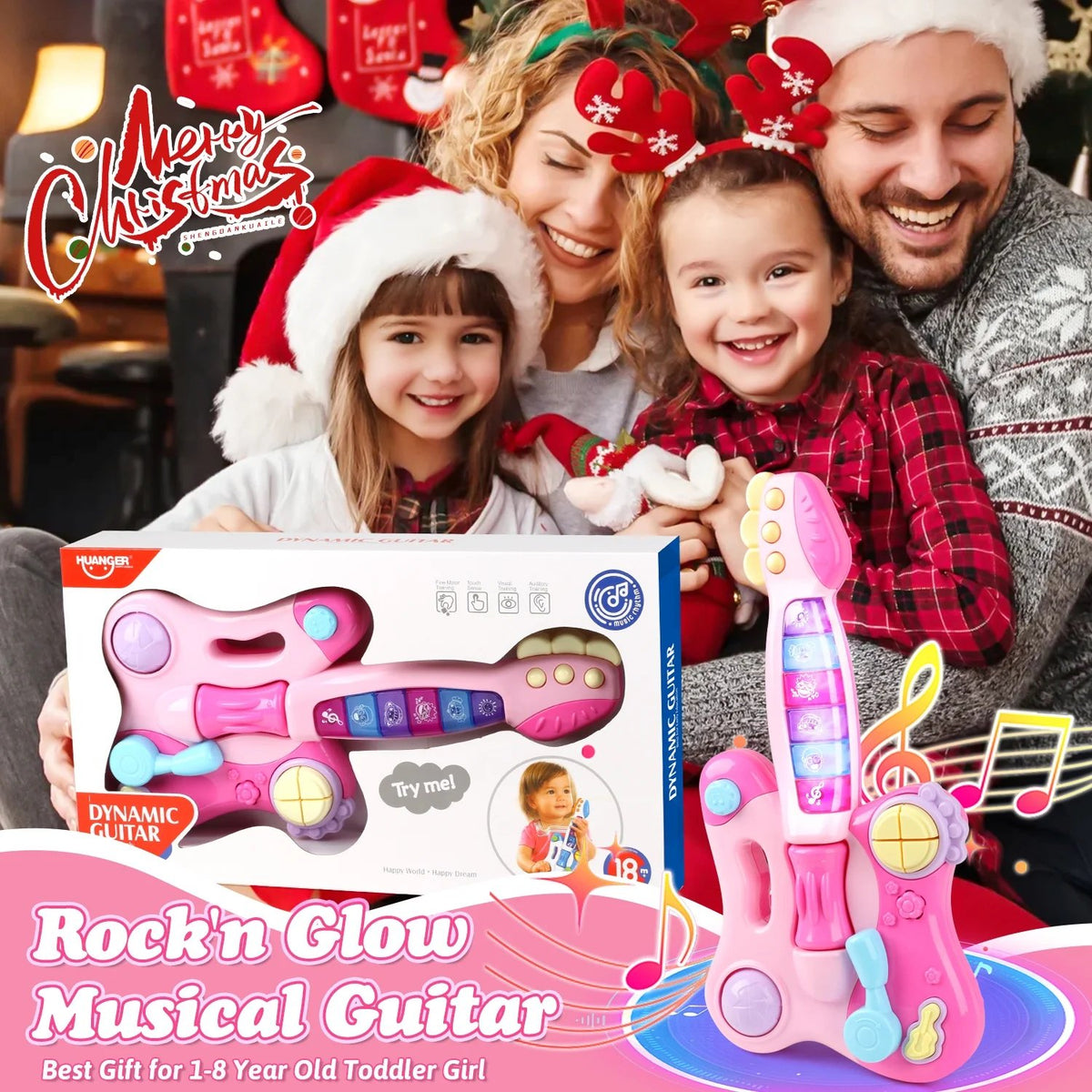 JUGAAD LIFE Toy Electric Guitar for Girls Boys, Kids Guitar with Music & Colorful Light, Musical Instrument Toys for Toddlers 2 3 4 5 6 years Old - Pink
