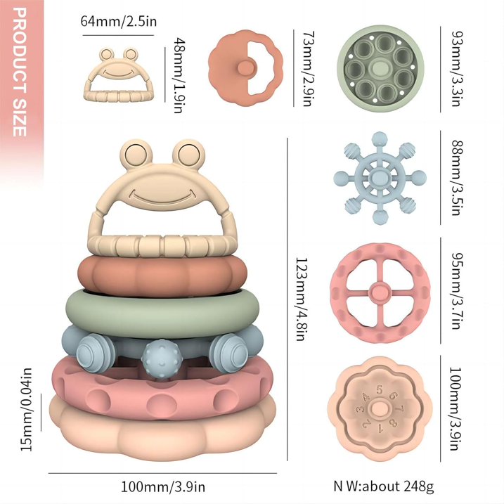 Stacking Rings Toys for Babies Safe Silicone Teething Nesting Cups, 6 Pcs Frog Learning Tower for Infants 6+ Months, Fun Bath Toy for Toddlers 1 3 Years