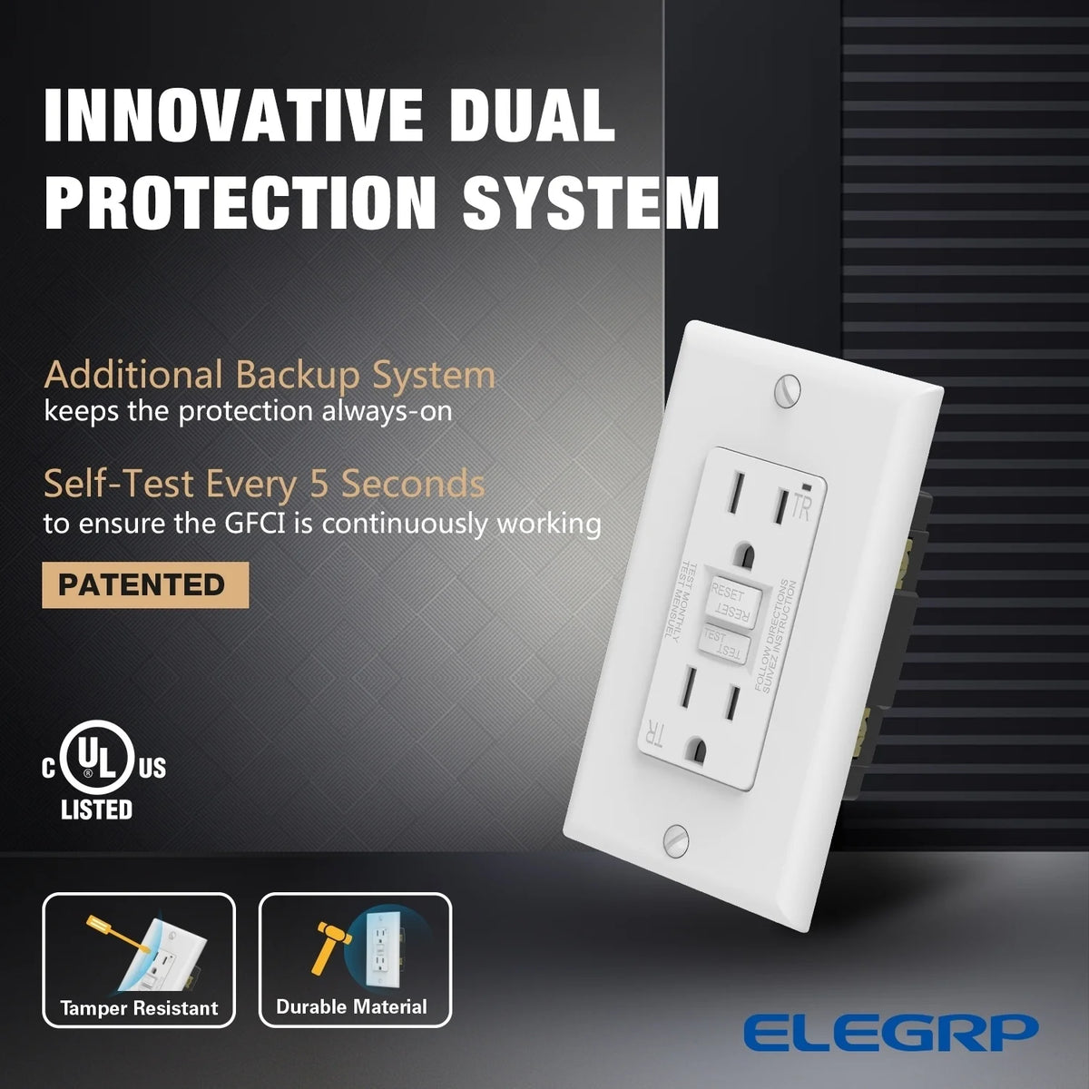 ELEGRP GFCI Outlet 15 Amp, Self-Test GFI Electrical Outlet with Thinner Design, TR Tamper Resistant GFCI Receptacle, Ground Fault Circuit Interrupters with Wall Plate, UL Listed, White