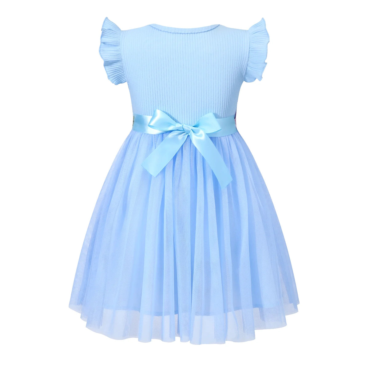 HILEELANG Toddler Flower Girl Tulle Tutu Dress Easter Light Blue Ribbed Cotton Flutter Sleeves Birthday Wedding Party Princess Dresses 2T