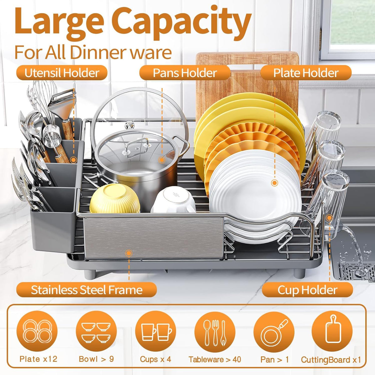 Dish Drying Rack - 304 Large Stainless Steel Dish Drainer for Kitchen Counter, Multifunctional Rust Resistant Kitchen Organizer and Easy Cleaning Storage Rack with Cutlery Holder Drip Tray