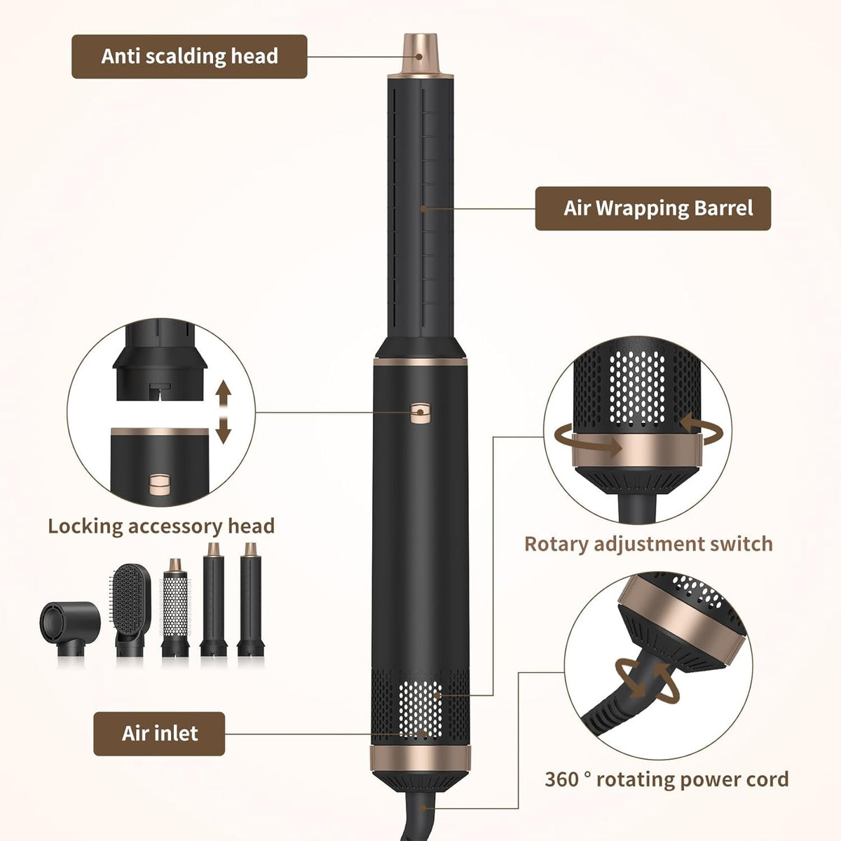 5 in 1 Hair Dryer Brush Hot Air Curling Brush Negative Ion Air Styler,Multi Function Blow Dryer Brush with Curling Wand, Straightening Brush, and Volumizing Hot Air Brush for All Hair Types(Black)