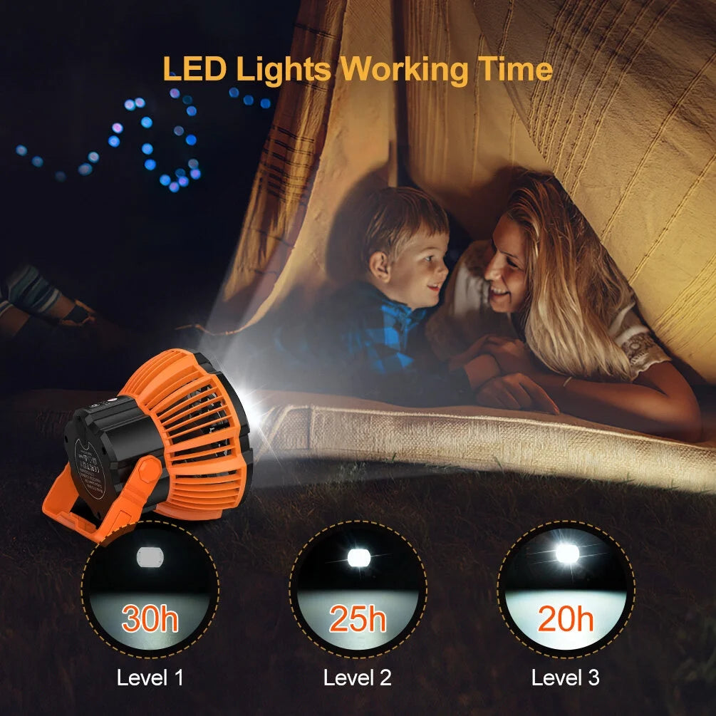 Camping Tent Fan with LED Lantern, Camp Fan Rechargeable, 5200mAh Battery Hanging 360 Adjustment Power Bank Fan with Remote Control for Camping Fishing Outdoor Use