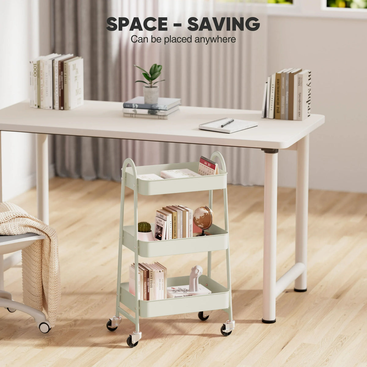 edx 3 Tier Rolling Cart, Metal Utility Cart Storage Organizer with Lockable Casters, Multi-Functional Mesh Rolling Storage Cart for Kitchen Office, White