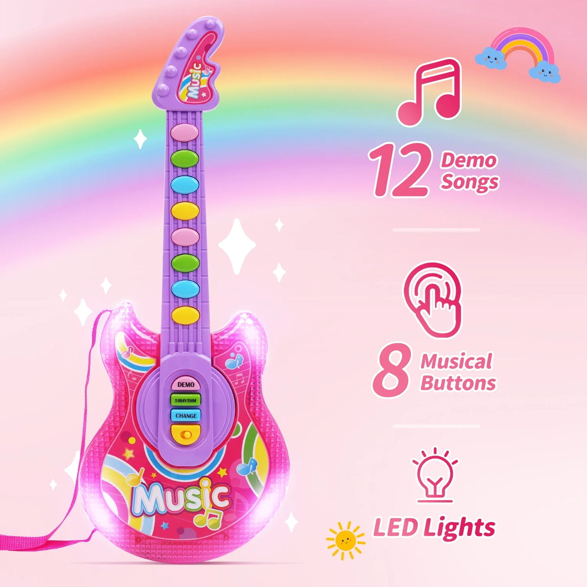 JoyStone Guitar and Microphone Set for Kids with Music & Colorful Light, Adjustable Height Microphone with Stand, Guitar Toys for Boys and Girls, Pink