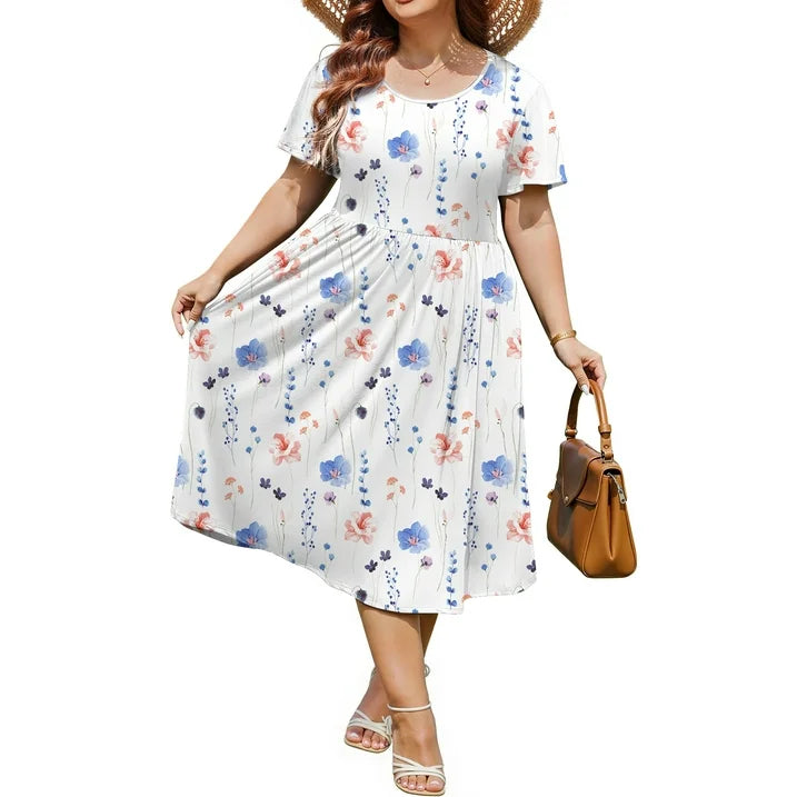 WellSize Plus Size Women Summer Dresses Casual Crew Neck Short Sleeve Sundresses Floral Midi Dress with Pockets