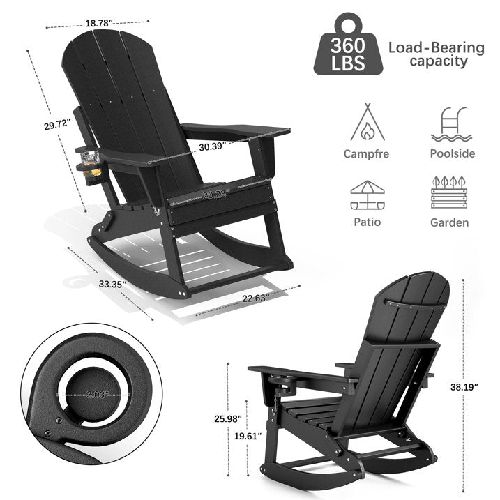 FOOWIN Outdoor Rocking Adirondack Chair Set of 2, HDPE Patio Porch Rocker Chair for Balcony, Black