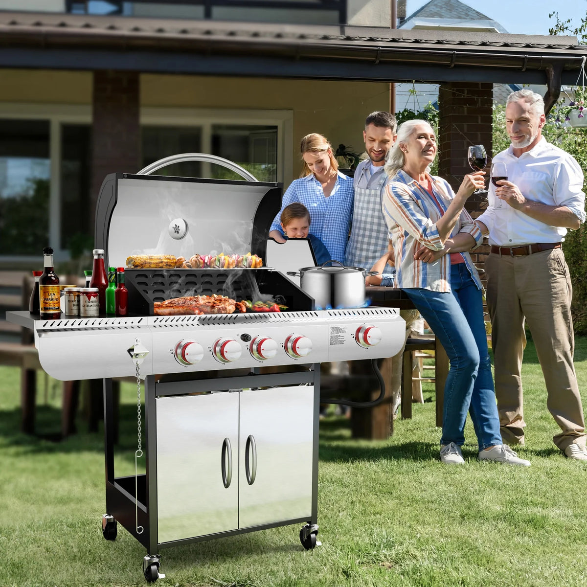LHRIVER 4 Burner Stainless Steel Propane Gas Grill with Side Burner, Portable Outdoor Barbecue Cooking BBQ, 42,000 BTU