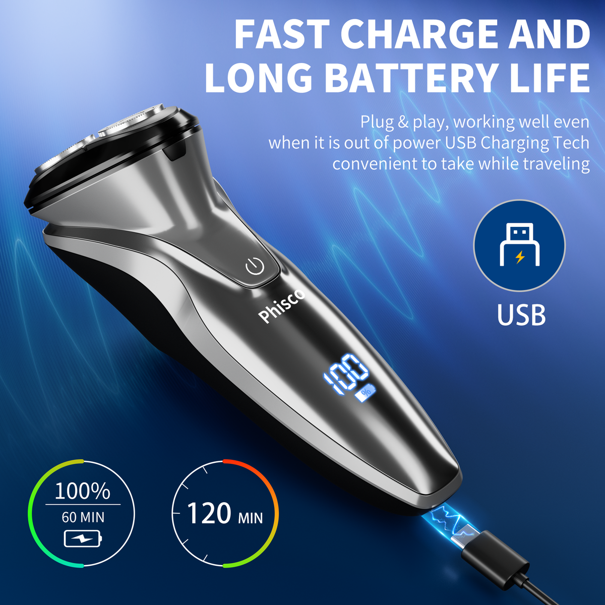 Cordless Electric Razor for Men - Precision Shavers for Man for Beard/Nose/Sideburns, Wet & Dry Razors with Pop-Up Trimmer, USB Plug-and-Play, LED Display,IPX7 Waterproof, Black