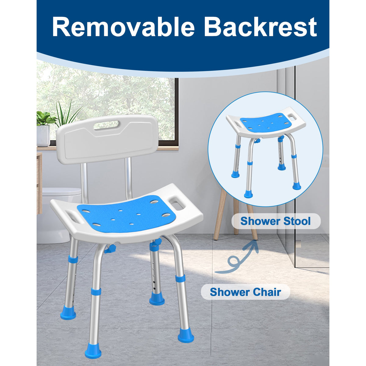 ZOTO Shower Chair with Back and EVA Padded, Height Adjustable Bathtub Bench Seat Transfer for Disabled, Seniors & Elderly, Tool-Free Assembly,VSHC10