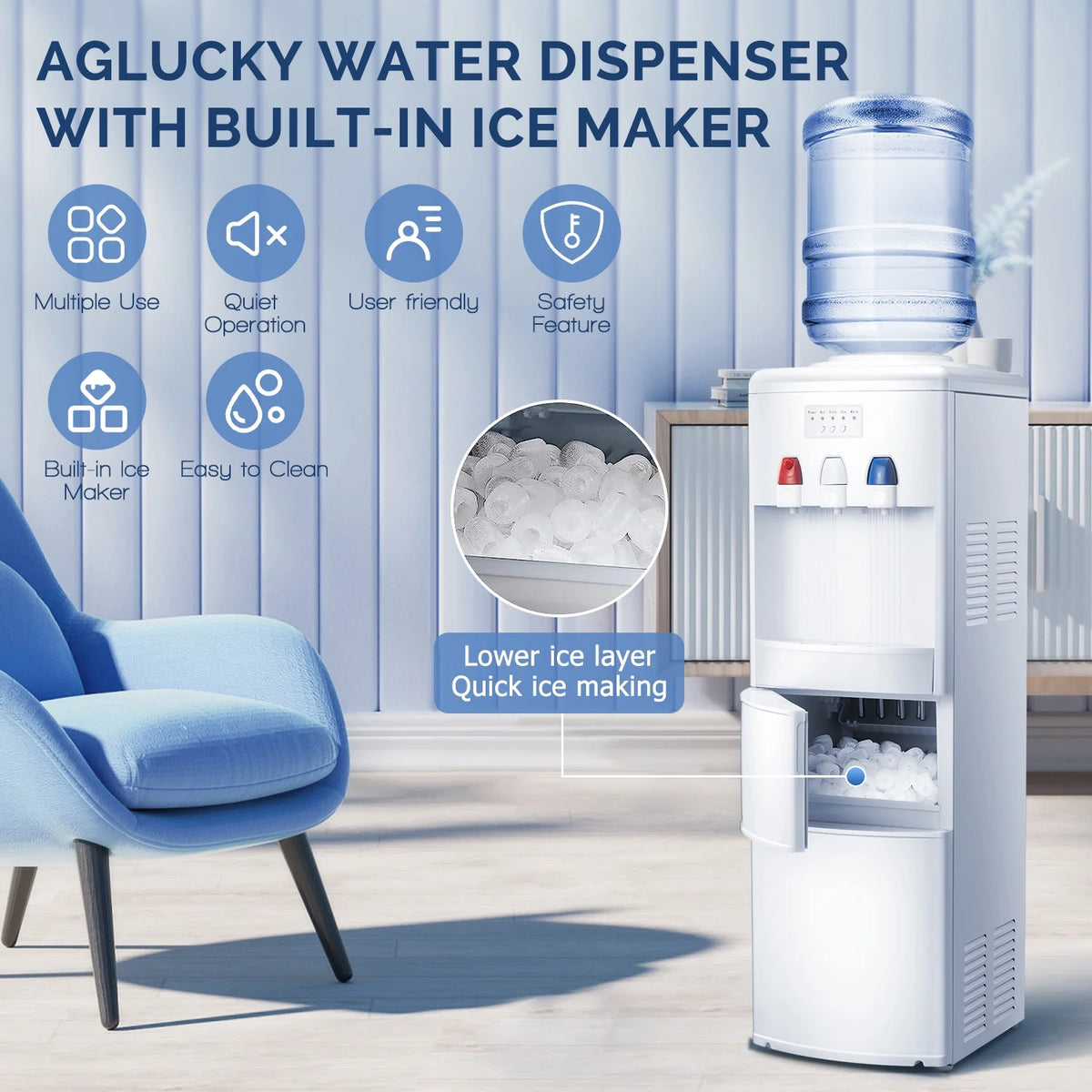 LHRIVER 5 Gallon Water Cooler Dispenser with Built-in Ice Maker, Top Loading Water Dispenser 3 in 1 Hot/Cold/Room Temperature, Child Lock, White
