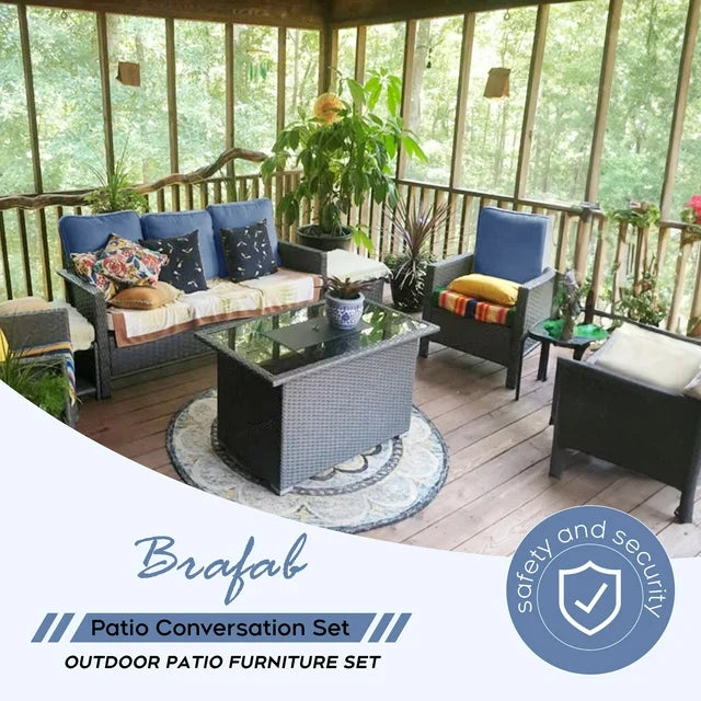 Brafab 7pcs Outdoor Patio Furniture Set with 44" Gas Fire Pit Table, PE Wicker Patio Conversation Sets Cushioned Seat Couch Outdoor Sectional Chair Sofa Set for Yard Garden Porch
