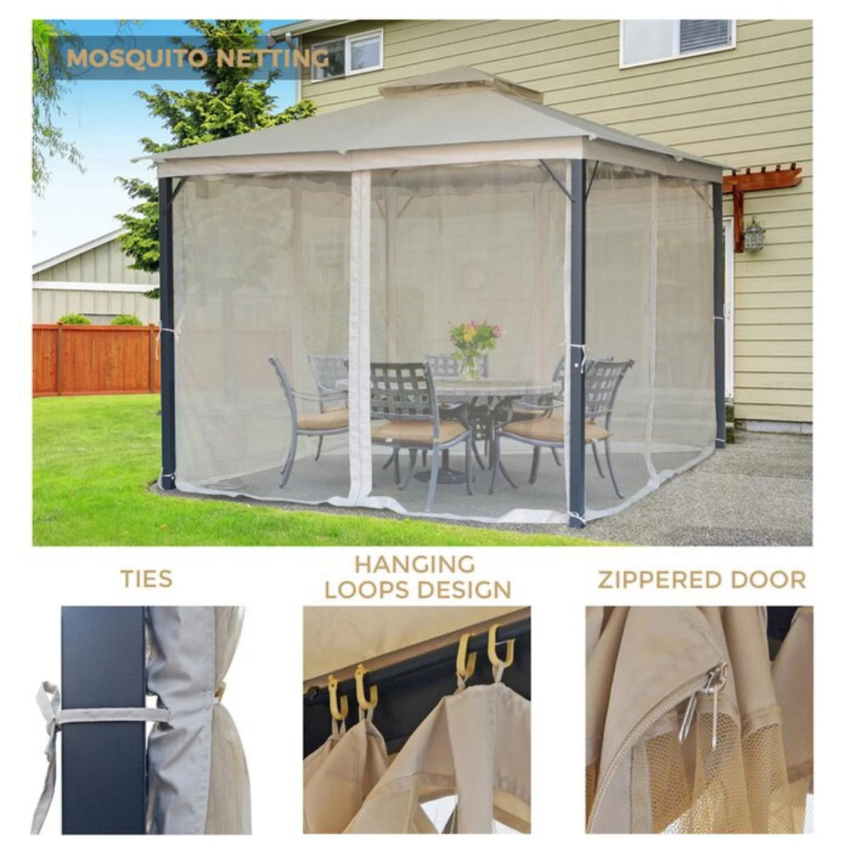 10'x10' Patio Gazebo with Mosquito Netting and Curtains, Outdoor Double Soft Roof Gazebo with Rust-Resistant Metal Frame, Waterproof and UV Protection, Gazebo Canopy for Backyard Garden Lawn, Beige