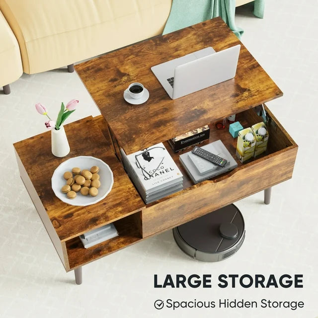 Lift Tabletop Coffee Tables for Living Room with Storage Shelf and Hidden Compartment - Brown