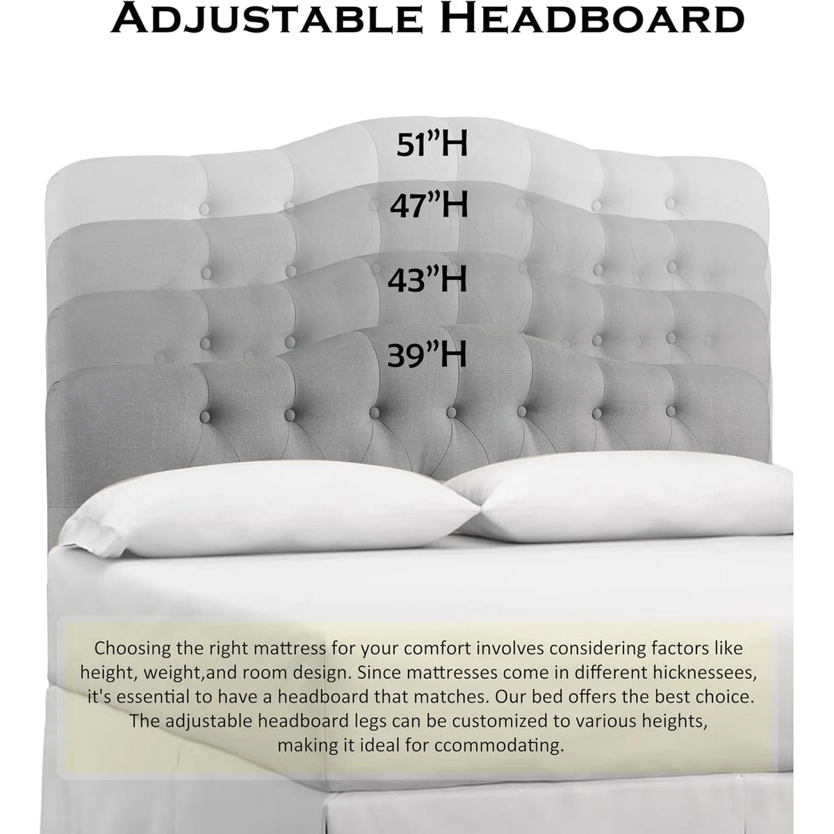 Adjustable Heigh Headboard with Linen Upholstery and Button Tufting for Bedroom,King,Dove Gray