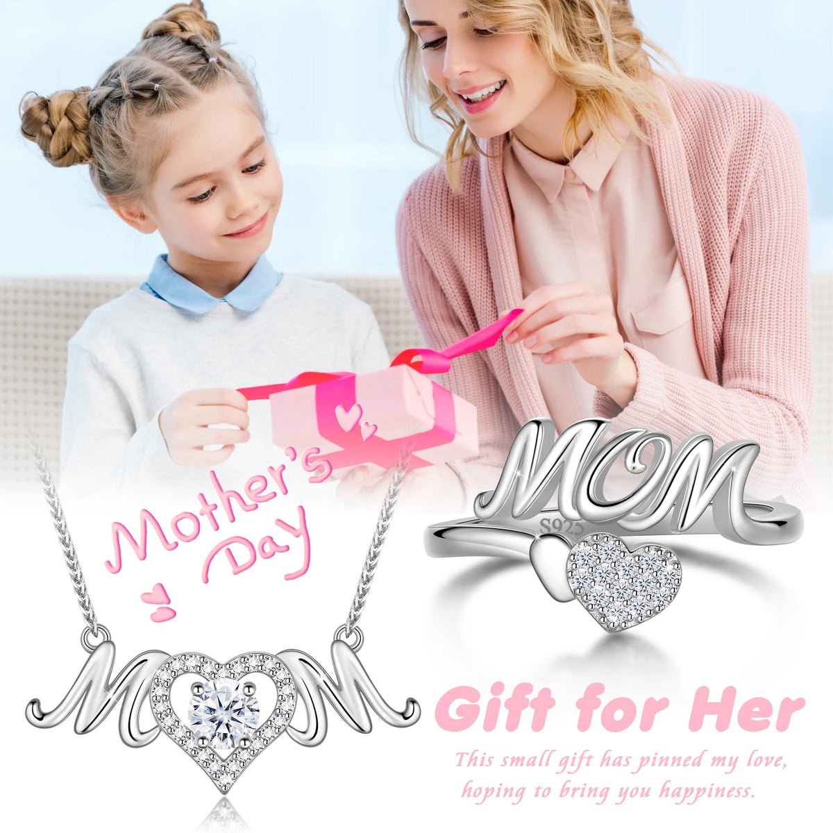 Beautlace Mom Necklace and Ring Set,925 Sterling Silver Love Heart May Emerald Birthstone Pendant Necklace/Adjustable Open Rings Jewelry Set Mother's Day Birthday Gifts for Mom Women Her Gandma