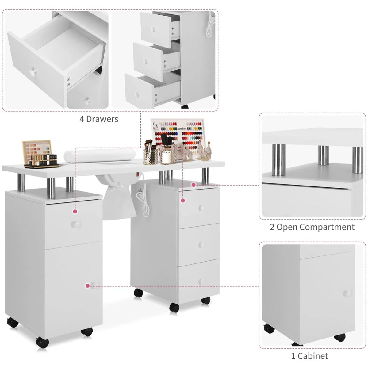 Ktaxon Nail Table Storage Station with 4 Drawers, Lockable Wheels, White