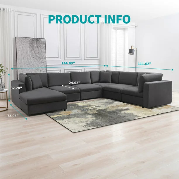 Mixoy Velvet U Shaped Sectional Sofa with Storage, 7 Seater Modular Sectional Sofa with Back Cushion ,Oversized Sleeper Sofa Couch Bed, Convertible Couches for Living Room ( Dark Grey)